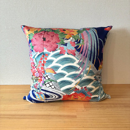 zivun Remade Furisode Cushion Cover | Japanese Pattern Interior One-of-a-Kind Floral x Crane Motif 45x45cm【OLD FLIP】