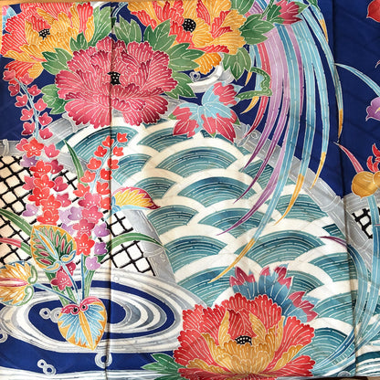 zivun Remade Furisode Cushion Cover | Japanese Pattern Interior One-of-a-Kind Floral x Crane Motif 45x45cm【OLD FLIP】