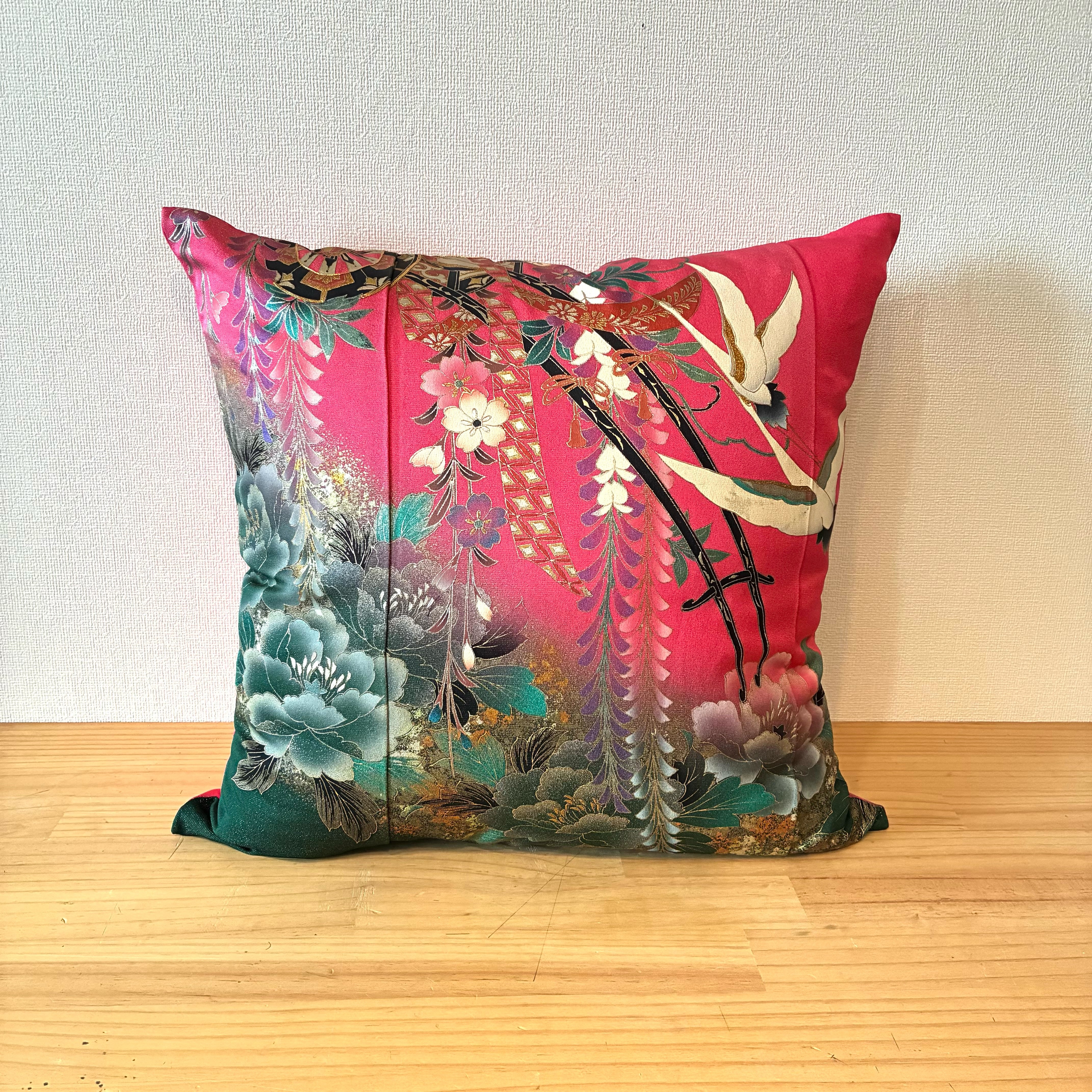 zivun Kimono Cushion Cover Crane Carriage Japanese One-of-a-Kind