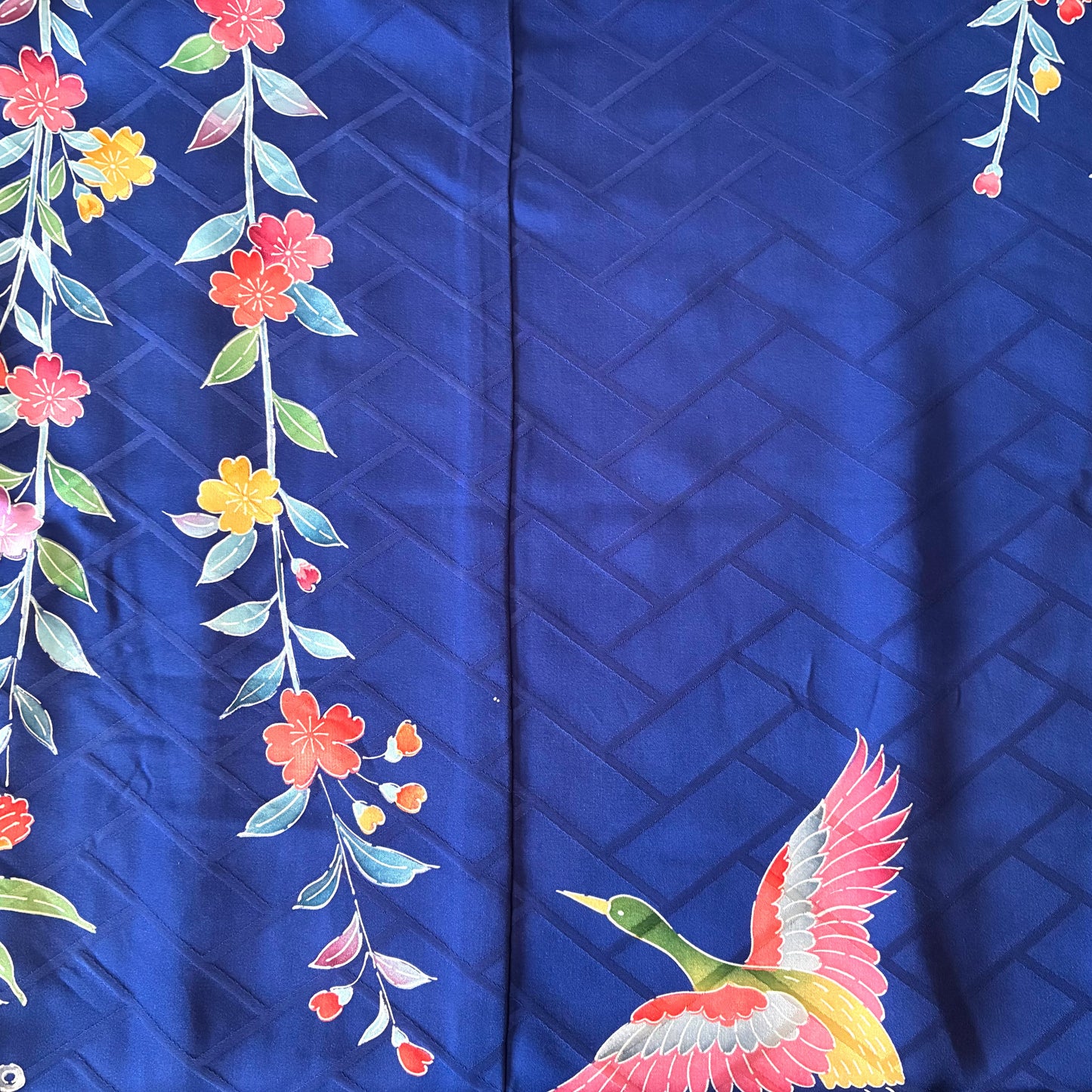 zivun Remade Furisode Cushion Cover | Japanese Pattern Interior One-of-a-Kind Floral x Crane Motif 45x45cm【OLD FLIP】