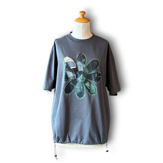 One-of-a-Kind Reconstructed Flower Print T-Shirt with Drawcord | Imperfect Patchwork Art Tee | zivun