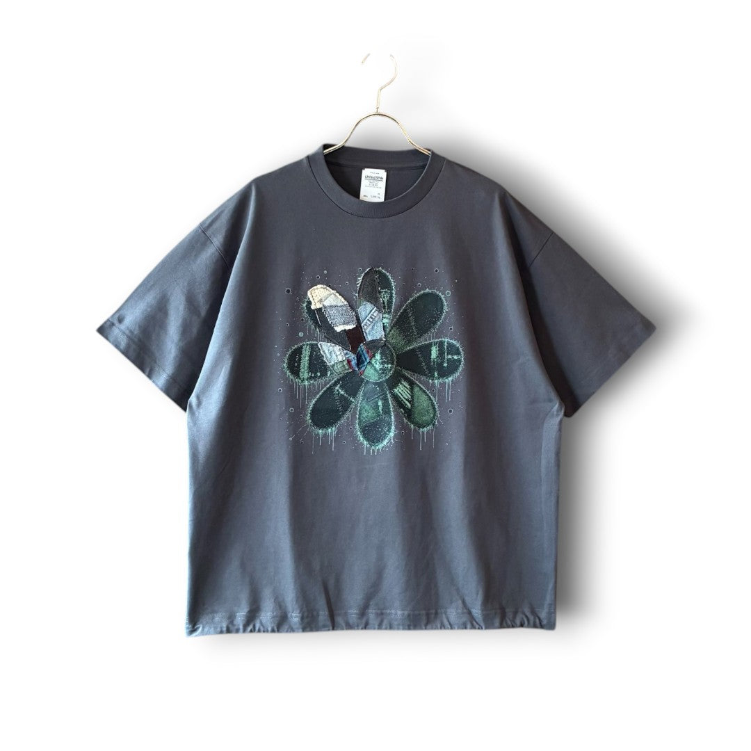 One of a Kind Flower Print Drawcord T-Shirt | Upcycled Art Tee