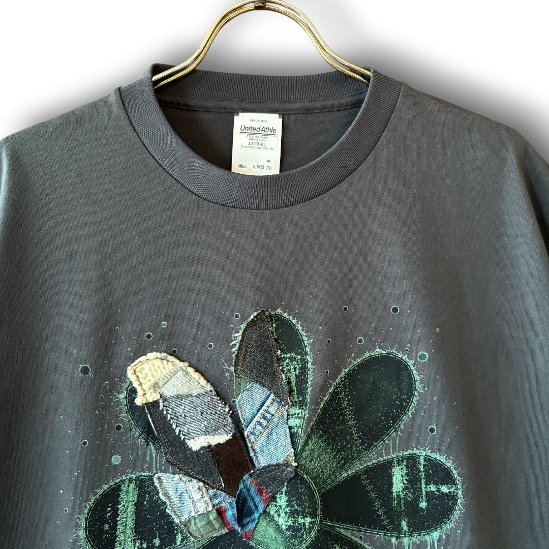 One-of-a-Kind Reconstructed Flower Print T-Shirt with Drawcord | Imperfect Patchwork Art Tee | zivun