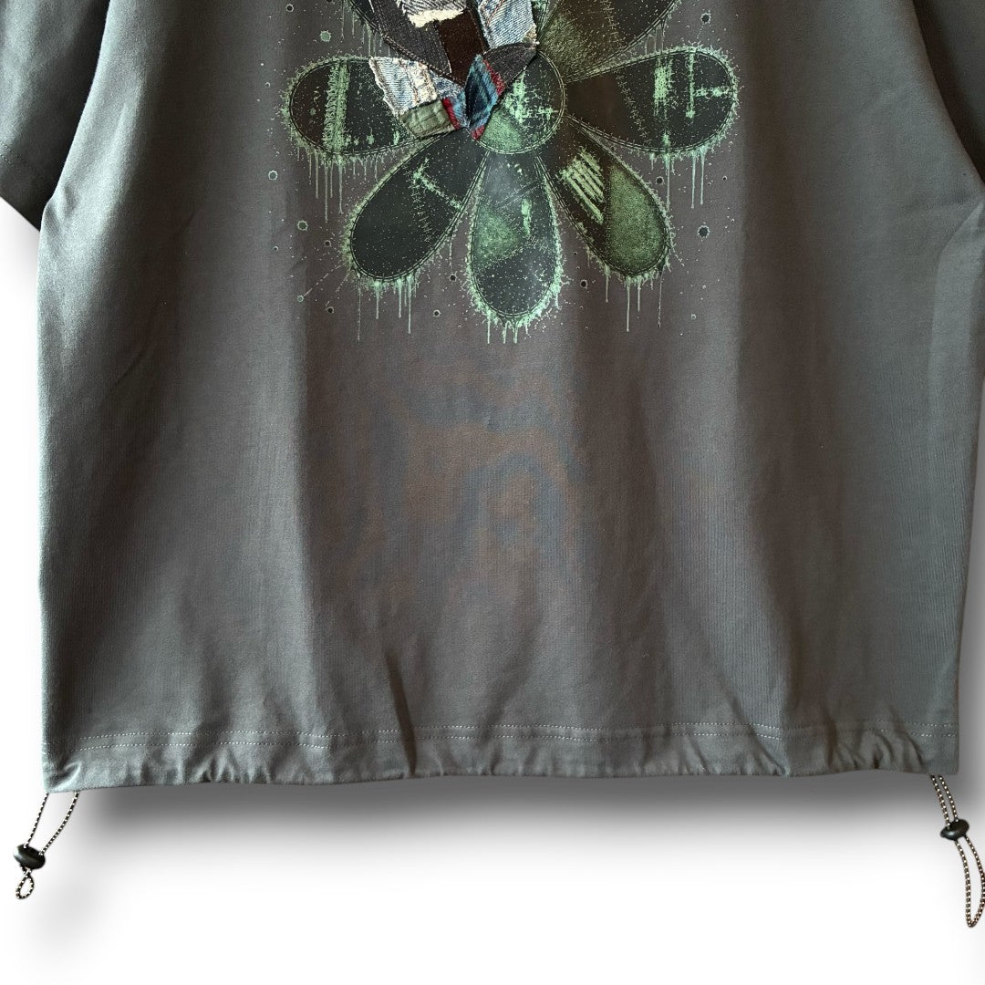 One-of-a-Kind Reconstructed Flower Print T-Shirt with Drawcord | Imperfect Patchwork Art Tee | zivun