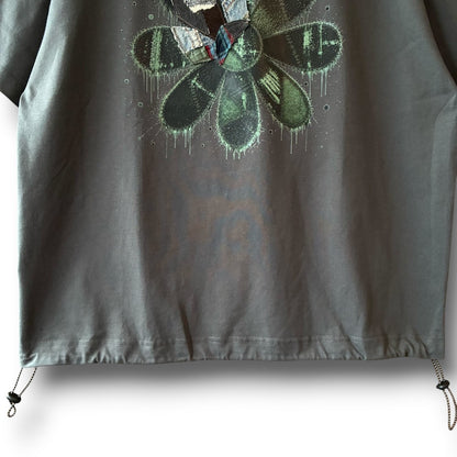 One-of-a-Kind Reconstructed Flower Print T-Shirt with Drawcord | Imperfect Patchwork Art Tee | zivun