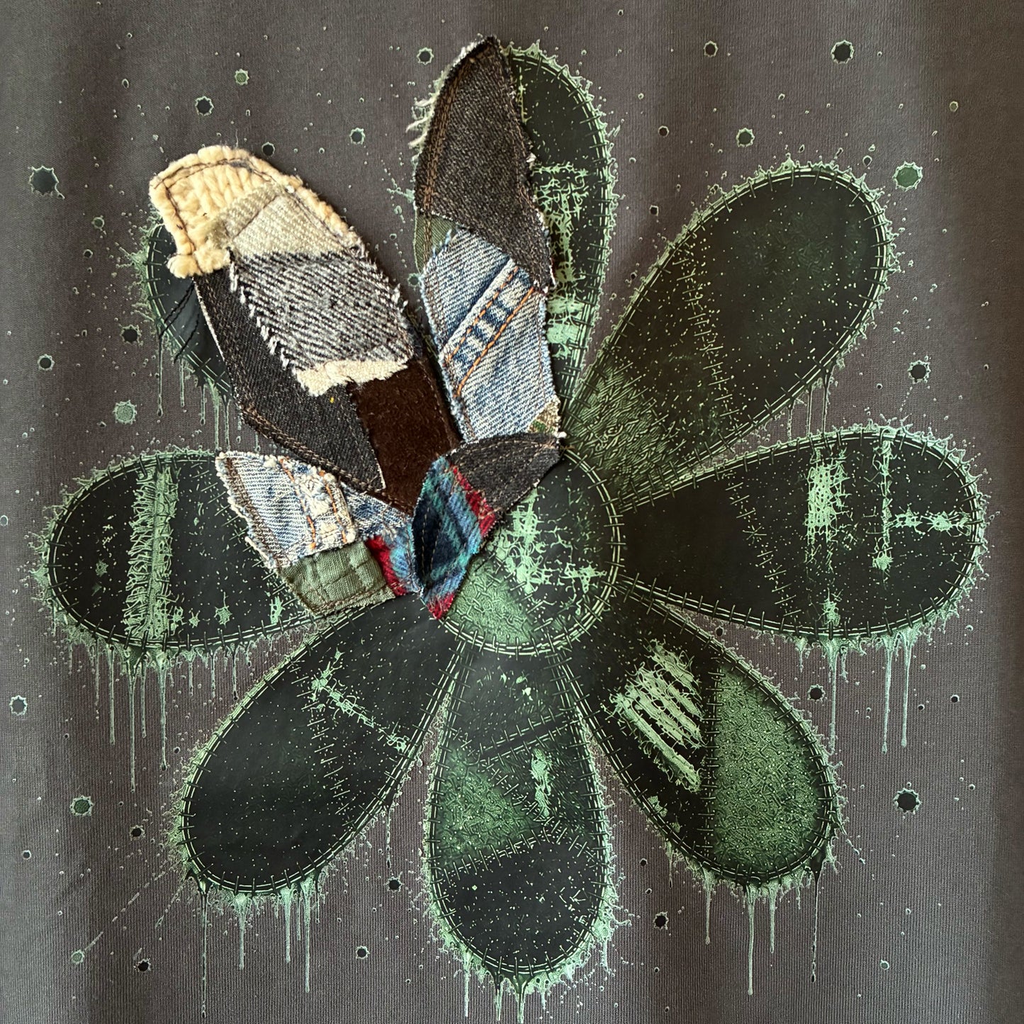 One-of-a-Kind Reconstructed Flower Print T-Shirt with Drawcord | Imperfect Patchwork Art Tee | zivun