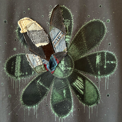 One-of-a-Kind Reconstructed Flower Print T-Shirt with Drawcord | Imperfect Patchwork Art Tee | zivun
