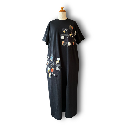 Rebuild Kimono Flower T-Shirt Onepiece Black | One-of-a-Kind Handmade Upcycled Dress by zivun