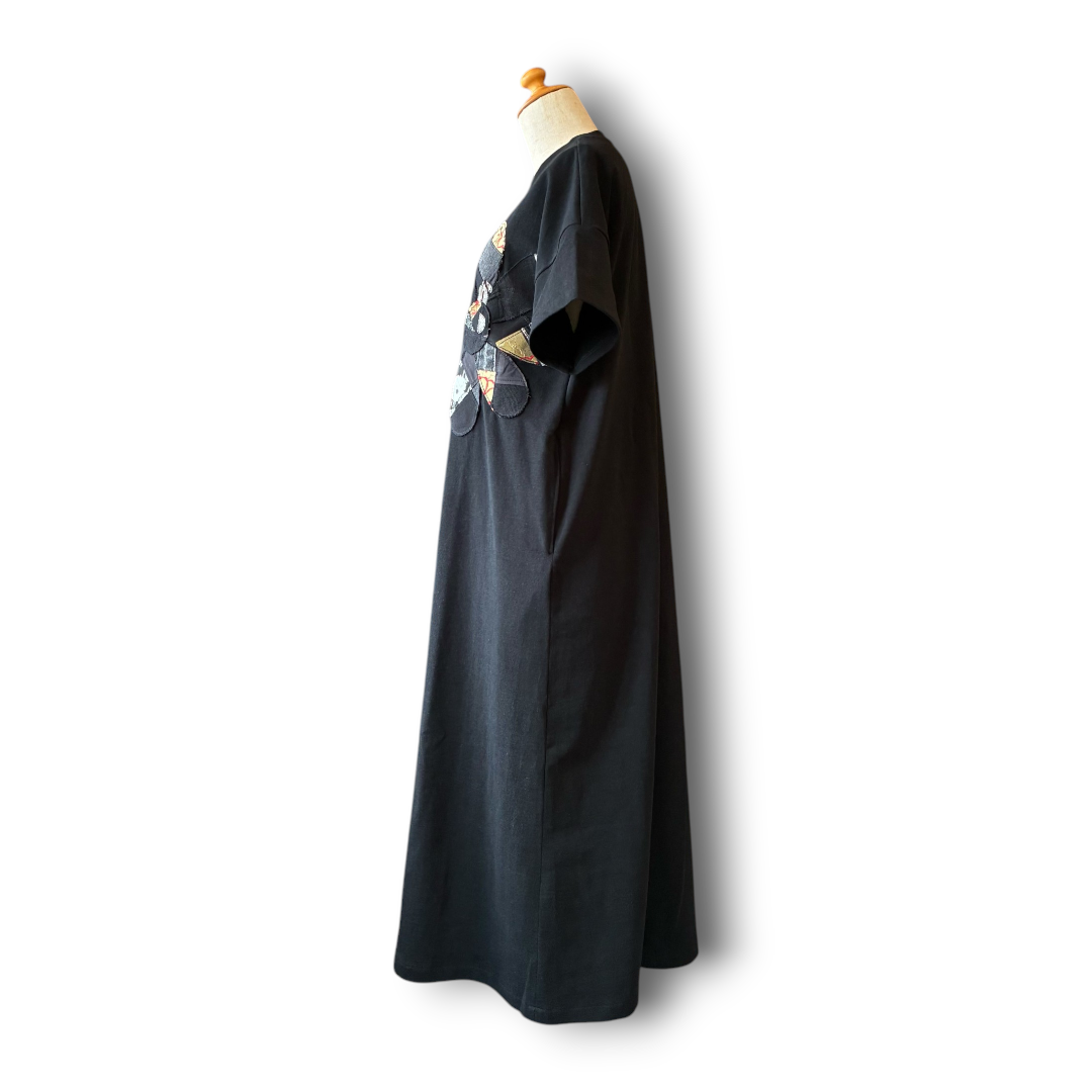 Rebuild Kimono Flower T-Shirt Onepiece Black | One-of-a-Kind Handmade Upcycled Dress by zivun