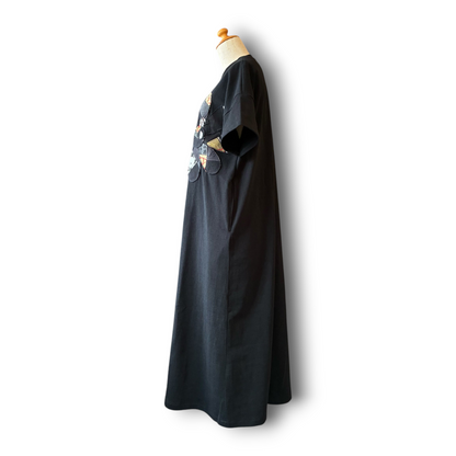 Rebuild Kimono Flower T-Shirt Onepiece Black | One-of-a-Kind Handmade Upcycled Dress by zivun