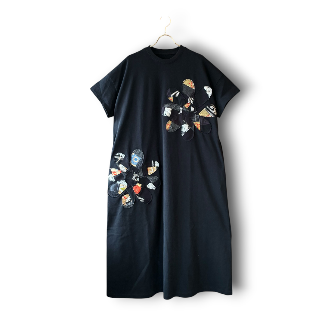 Rebuild Kimono Flower T-Shirt Onepiece Black | One-of-a-Kind Handmade Upcycled Dress by zivun