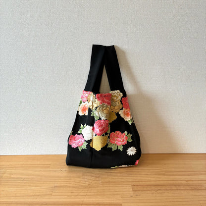 zivun Black Tomesode Remake Eco-Bag | Gold Gilded Peony Floral Pattern, Japanese Modern, One-of-a-Kind, Sub-Bag 32×26cm【OLD FLIP】