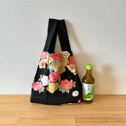 zivun Black Tomesode Remake Eco-Bag | Gold Gilded Peony Floral Pattern, Japanese Modern, One-of-a-Kind, Sub-Bag 32×26cm【OLD FLIP】