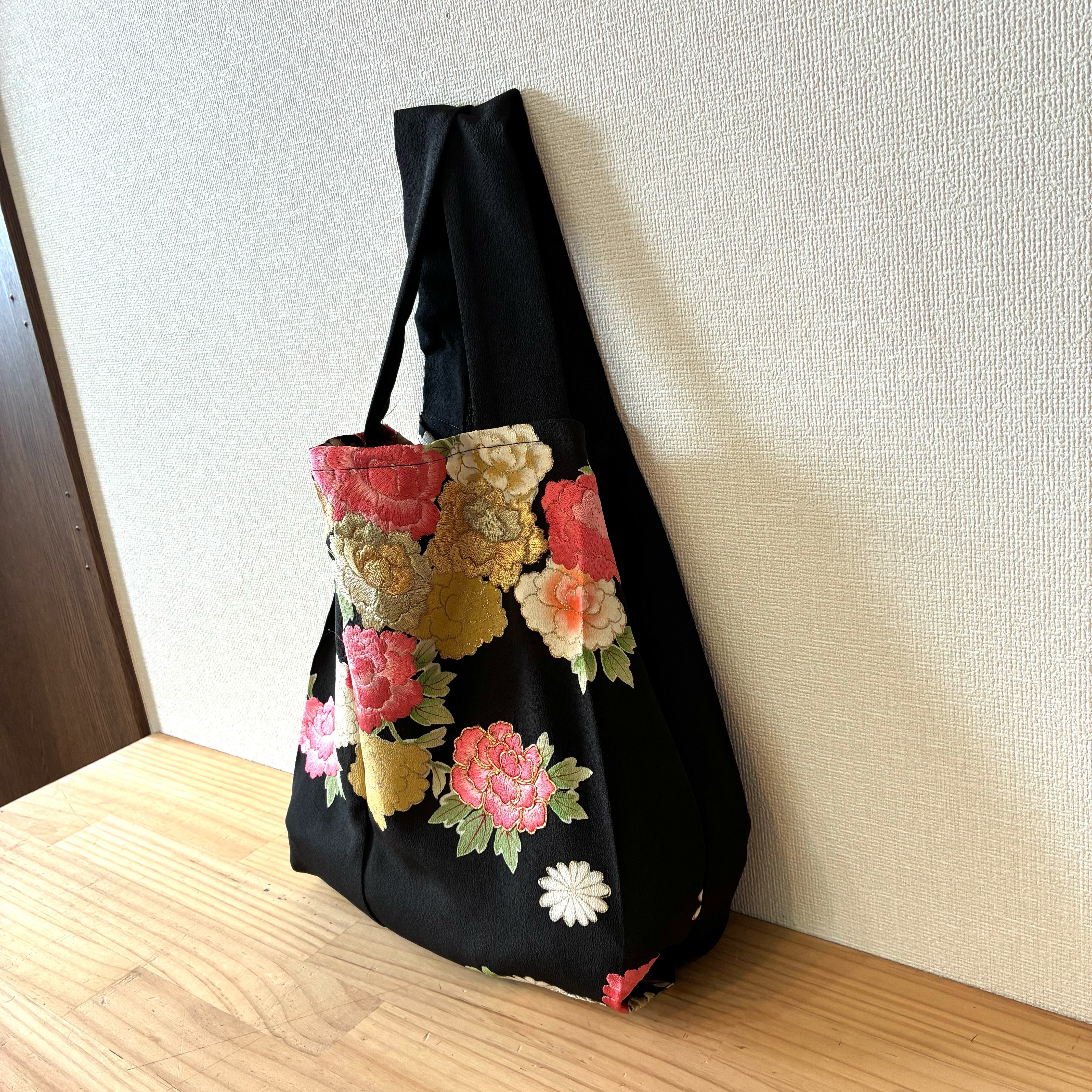 zivun Kimono Eco Bag Gold Floral Japanese Sub Bag One-of-a-Kind