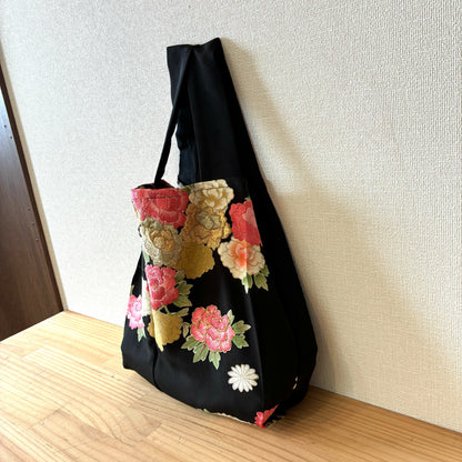 zivun Black Tomesode Remake Eco-Bag | Gold Gilded Peony Floral Pattern, Japanese Modern, One-of-a-Kind, Sub-Bag 32×26cm【OLD FLIP】