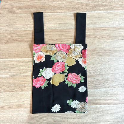 zivun Black Tomesode Remake Eco-Bag | Gold Gilded Peony Floral Pattern, Japanese Modern, One-of-a-Kind, Sub-Bag 32×26cm【OLD FLIP】