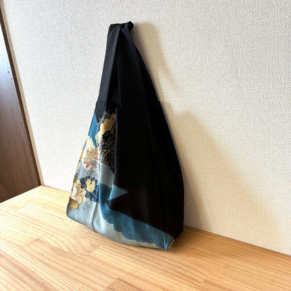 zivun Repurposed Black Tomesode Eco Bag | Blue Gradation Gold Floral Print Modern Japanese One-of-a-kind Sub-bag 32x26cm [OLD FLIP]