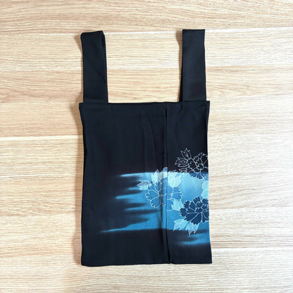 zivun Repurposed Black Tomesode Eco Bag | Blue Gradation Gold Floral Print Modern Japanese One-of-a-kind Sub-bag 32x26cm [OLD FLIP]