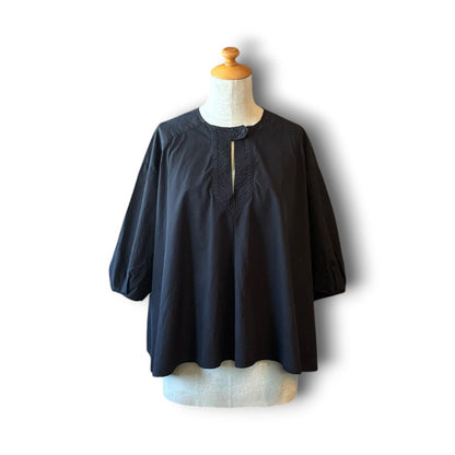 One-of-a-Kind Black Dyed Pullover Blouse | Japanese Reworked Flared Silhouette Top | zivun