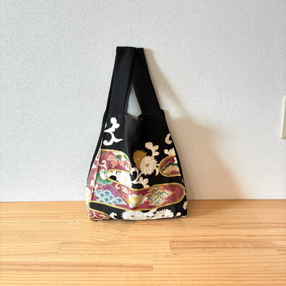 zivun Black Tomesode Reconstructed Eco-Bag | Imperial Carriage Pattern, Chrysanthemum, Gold Embellishment, Japanese Modern, One-of-a-Kind, Sub-Bag 32x26cm [OLD FLIP]