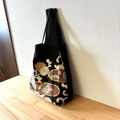 zivun Black Tomesode Reconstructed Eco-Bag | Imperial Carriage Pattern, Chrysanthemum, Gold Embellishment, Japanese Modern, One-of-a-Kind, Sub-Bag 32x26cm [OLD FLIP]
