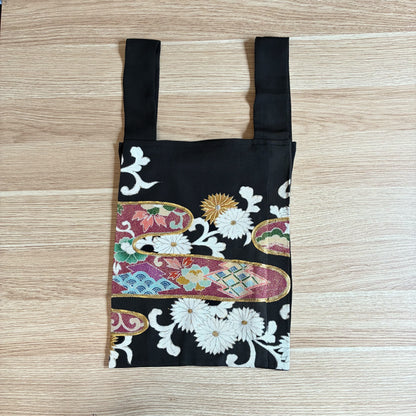 zivun Black Tomesode Reconstructed Eco-Bag | Imperial Carriage Pattern, Chrysanthemum, Gold Embellishment, Japanese Modern, One-of-a-Kind, Sub-Bag 32x26cm [OLD FLIP]