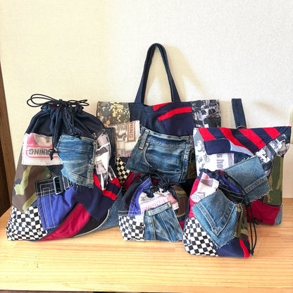 再構築 入学入園バッグ5点セット｜古着リメイク レッスンバッグ・シューズケース・お着替え袋・お弁当袋・コップ袋【一点物】
