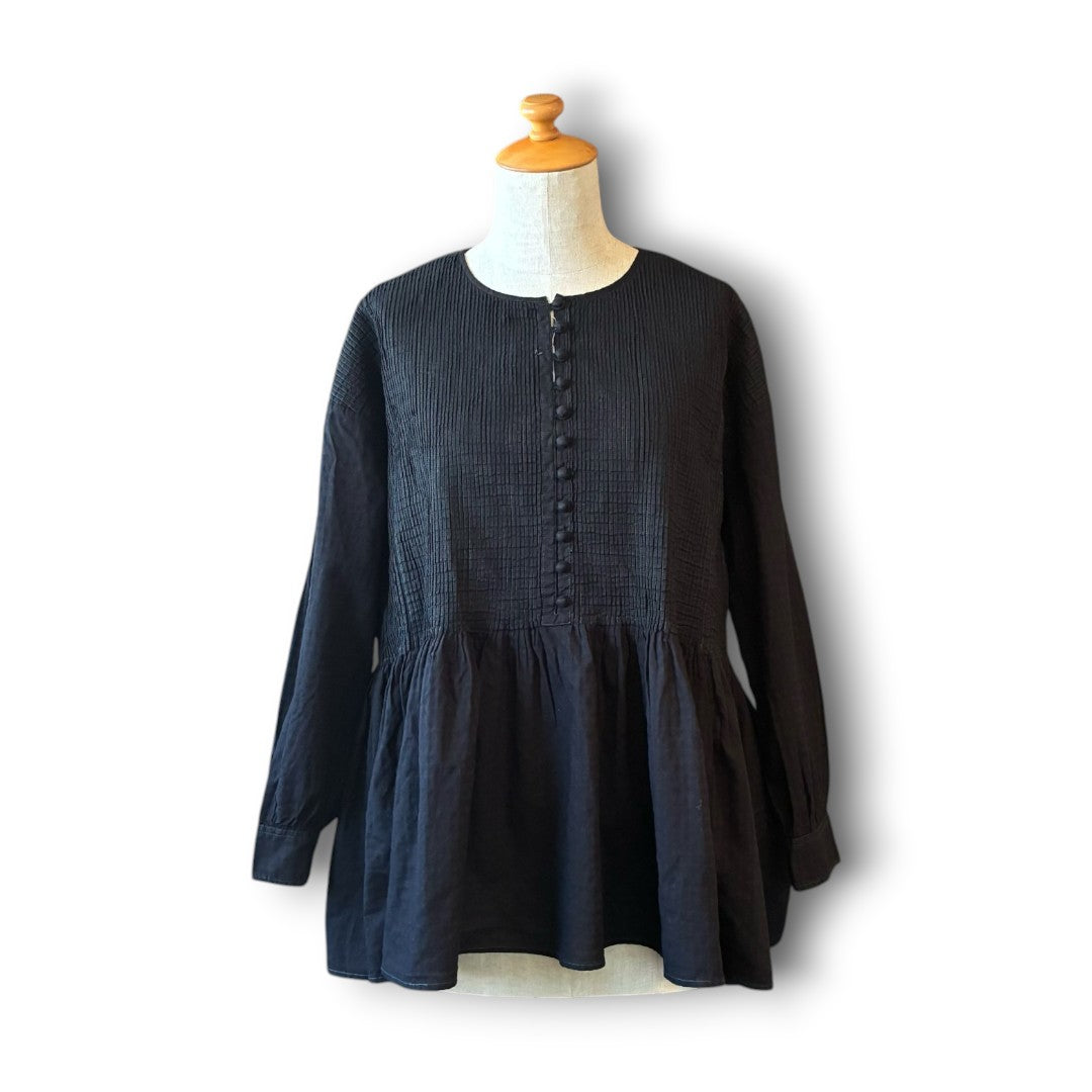 One-of-a-Kind Black Dyed Pintuck Pullover Blouse | Japanese Reworked Vintage Garment | zivun