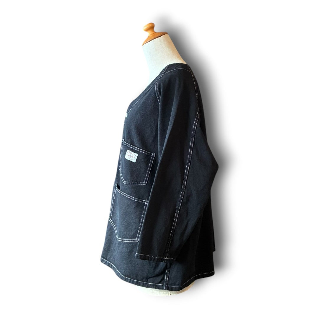 One-of-a-Kind Black Dyed Collarless Denim Jacket | Japanese Reworked Jacket | zivun