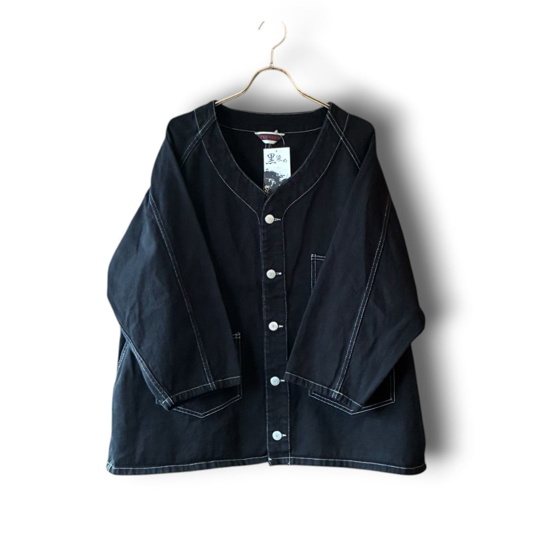 One-of-a-Kind Black Dyed Collarless Denim Jacket | Japanese Reworked Jacket | zivun