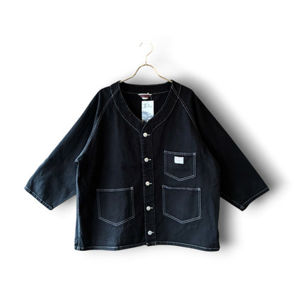 One-of-a-Kind Black Dyed Collarless Denim Jacket | Japanese Reworked Jacket | zivun