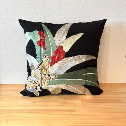 zivun Remade Black Tomesode Cushion Cover｜Gold Embroidery, Pine and Heavenly Bamboo Pattern, Japanese Modern, One-of-a-Kind, 50x50cm【OLD FLIP】