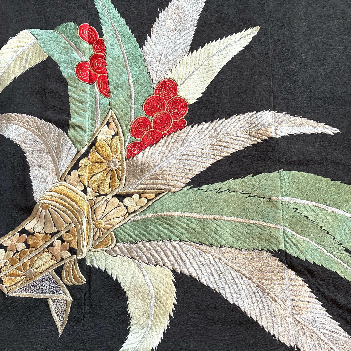 zivun Remade Black Tomesode Cushion Cover｜Gold Embroidery, Pine and Heavenly Bamboo Pattern, Japanese Modern, One-of-a-Kind, 50x50cm【OLD FLIP】