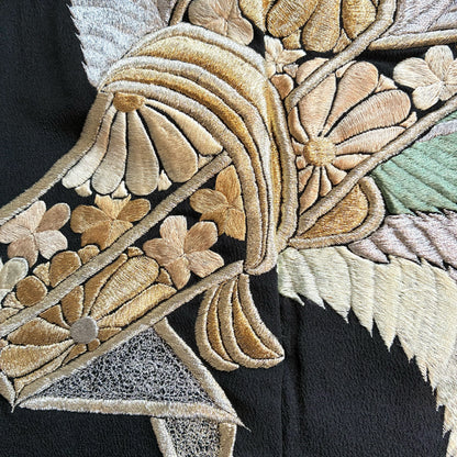 zivun Remade Black Tomesode Cushion Cover｜Gold Embroidery, Pine and Heavenly Bamboo Pattern, Japanese Modern, One-of-a-Kind, 50x50cm【OLD FLIP】