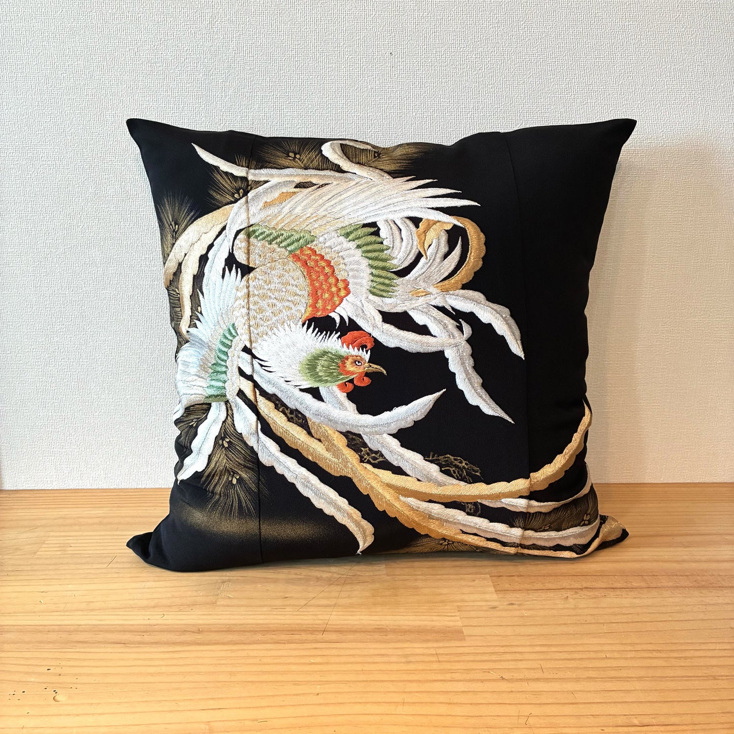 zivun Repurposed Black Tomesode Cushion Cover | Phoenix Embroidery, Gold Leaf Pine Pattern, Japanese Modern, One-of-a-kind, 50x50cm [OLD FLIP]