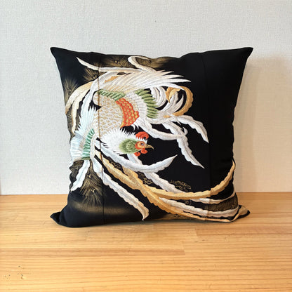 zivun Repurposed Black Tomesode Cushion Cover | Phoenix Embroidery, Gold Leaf Pine Pattern, Japanese Modern, One-of-a-kind, 50x50cm [OLD FLIP]