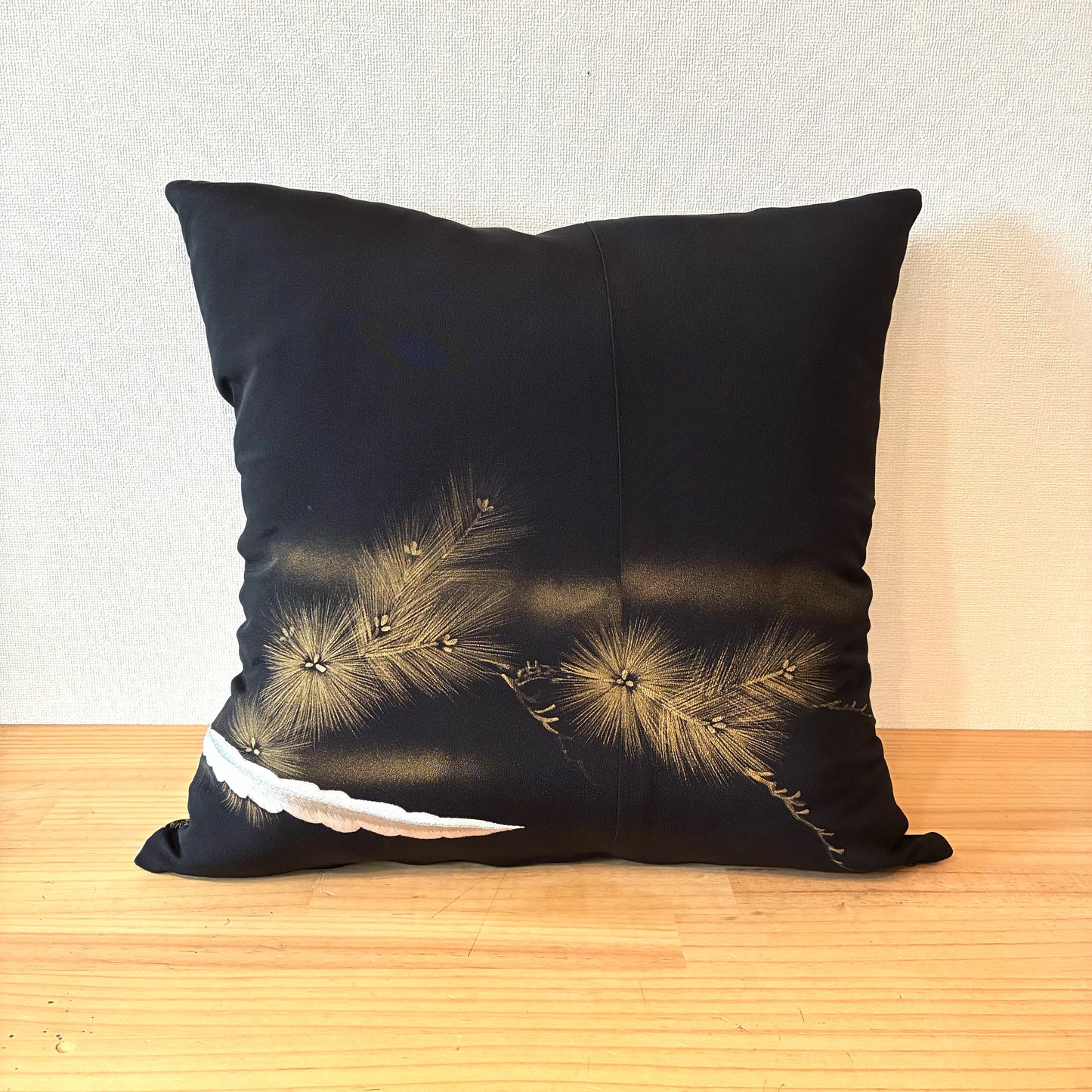 zivun Repurposed Black Tomesode Cushion Cover | Phoenix Embroidery, Gold Leaf Pine Pattern, Japanese Modern, One-of-a-kind, 50x50cm [OLD FLIP]
