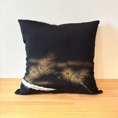 zivun Repurposed Black Tomesode Cushion Cover | Phoenix Embroidery, Gold Leaf Pine Pattern, Japanese Modern, One-of-a-kind, 50x50cm [OLD FLIP]