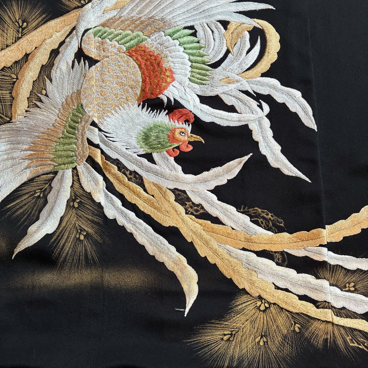 zivun Repurposed Black Tomesode Cushion Cover | Phoenix Embroidery, Gold Leaf Pine Pattern, Japanese Modern, One-of-a-kind, 50x50cm [OLD FLIP]