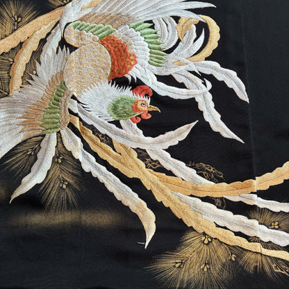 zivun Repurposed Black Tomesode Cushion Cover | Phoenix Embroidery, Gold Leaf Pine Pattern, Japanese Modern, One-of-a-kind, 50x50cm [OLD FLIP]