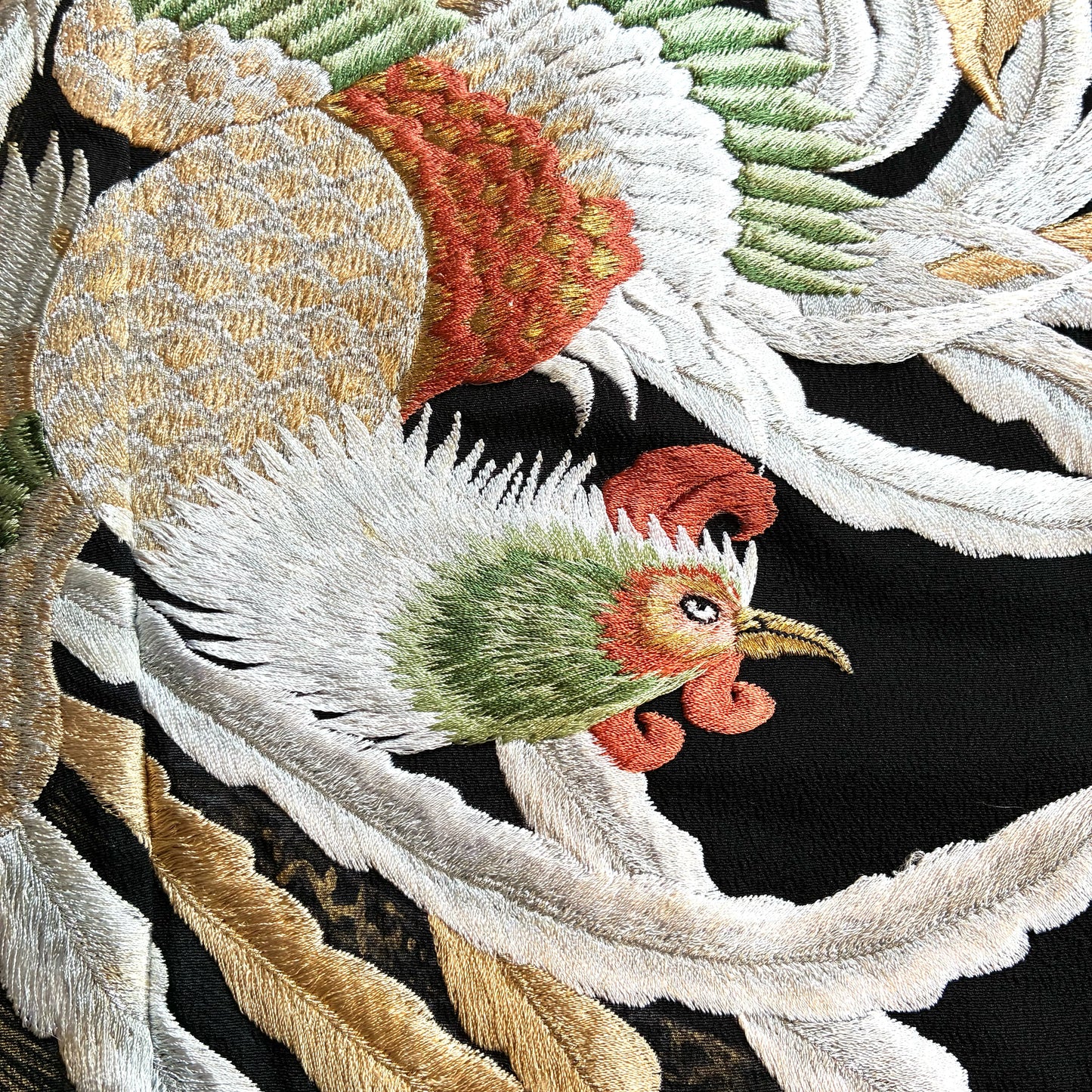 zivun Repurposed Black Tomesode Cushion Cover | Phoenix Embroidery, Gold Leaf Pine Pattern, Japanese Modern, One-of-a-kind, 50x50cm [OLD FLIP]
