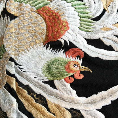zivun Repurposed Black Tomesode Cushion Cover | Phoenix Embroidery, Gold Leaf Pine Pattern, Japanese Modern, One-of-a-kind, 50x50cm [OLD FLIP]