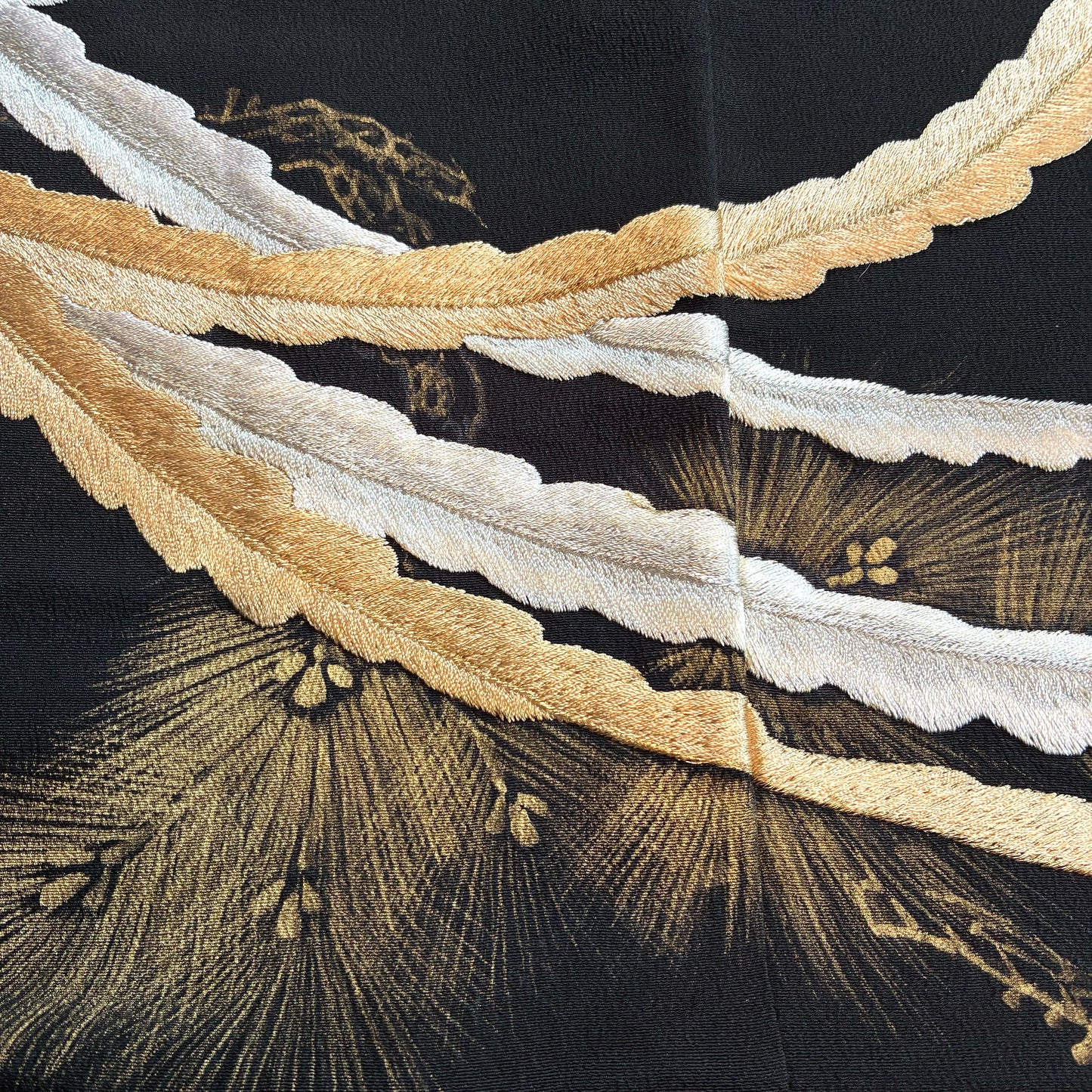 zivun Repurposed Black Tomesode Cushion Cover | Phoenix Embroidery, Gold Leaf Pine Pattern, Japanese Modern, One-of-a-kind, 50x50cm [OLD FLIP]