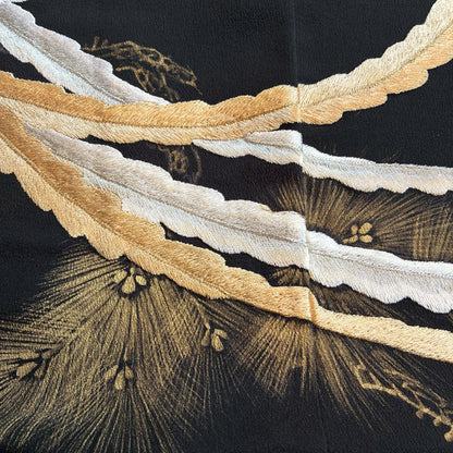 zivun Repurposed Black Tomesode Cushion Cover | Phoenix Embroidery, Gold Leaf Pine Pattern, Japanese Modern, One-of-a-kind, 50x50cm [OLD FLIP]