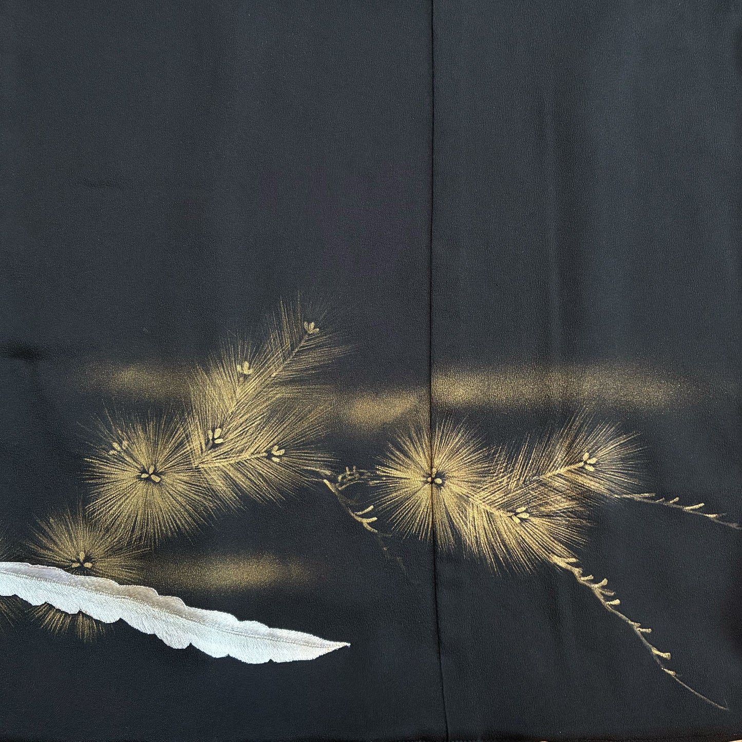 zivun Repurposed Black Tomesode Cushion Cover | Phoenix Embroidery, Gold Leaf Pine Pattern, Japanese Modern, One-of-a-kind, 50x50cm [OLD FLIP]