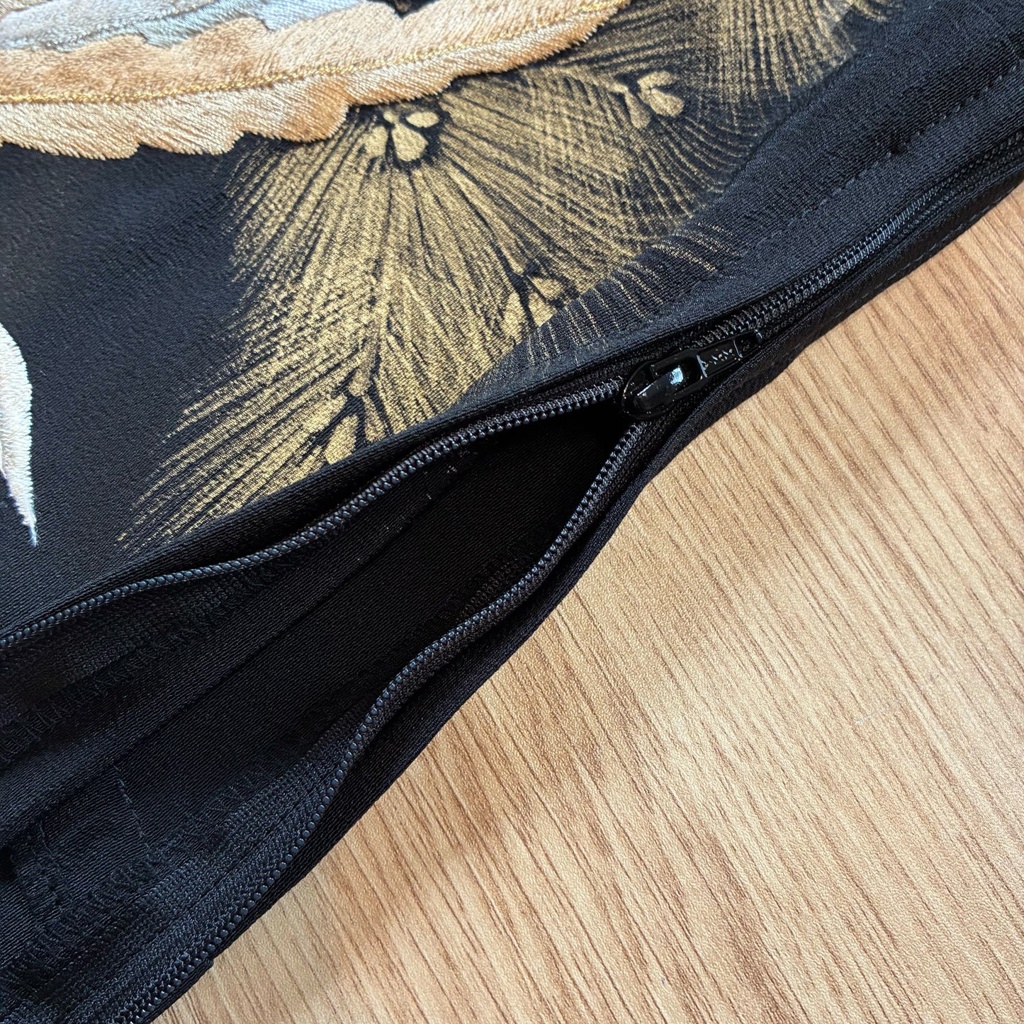 zivun Repurposed Black Tomesode Cushion Cover | Phoenix Embroidery, Gold Leaf Pine Pattern, Japanese Modern, One-of-a-kind, 50x50cm [OLD FLIP]