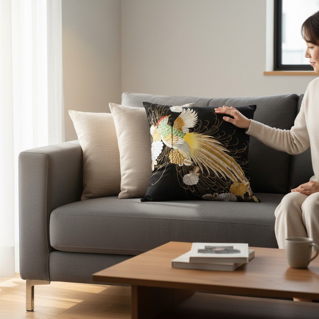 zivun Remade Kurotomesode Cushion Cover | Phoenix Embroidery Japanese Pattern Luxury Interior One-of-a-Kind 50x50cm【OLD FLIP】