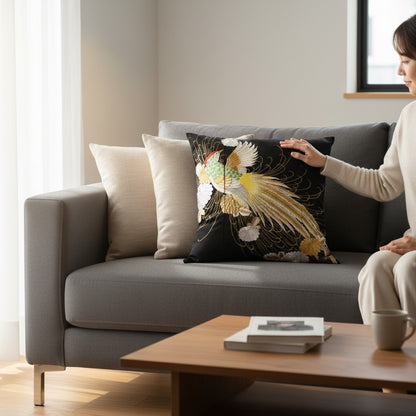 zivun Remade Kurotomesode Cushion Cover | Phoenix Embroidery Japanese Pattern Luxury Interior One-of-a-Kind 50x50cm【OLD FLIP】