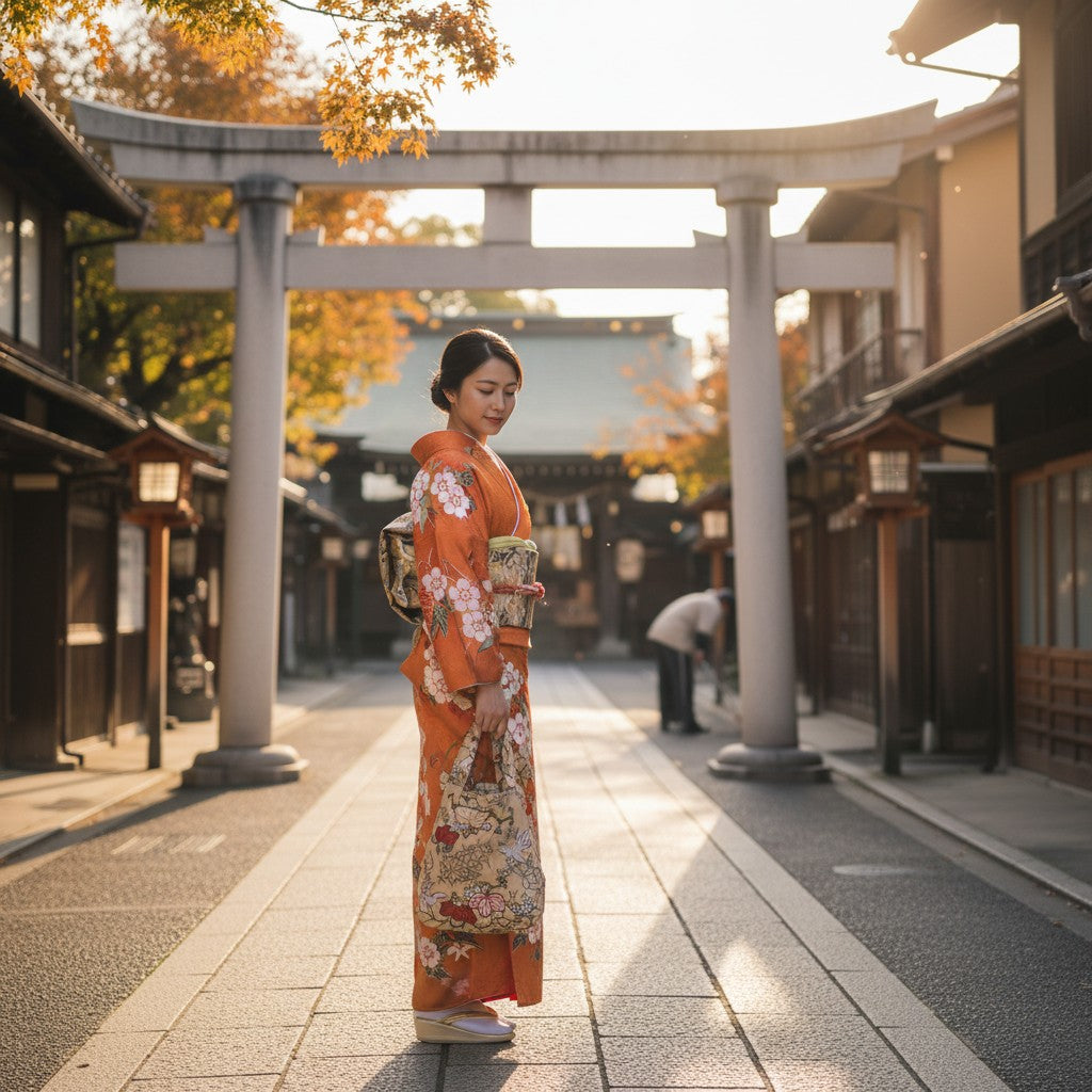 Túi eco tái chế kimono zivun | Nền be, họa tiết hạc và cỏ cây, phong cách Wa-modern, độc nhất vô nhị, túi phụ 32x26cm [OLD FLIP]