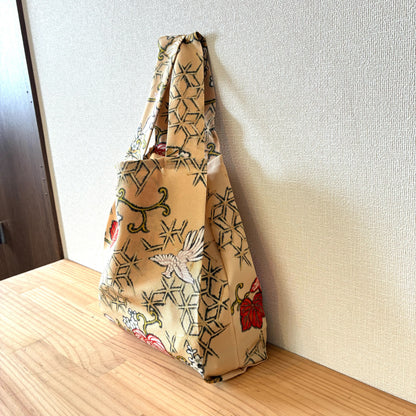 Túi eco tái chế kimono zivun | Nền be, họa tiết hạc và cỏ cây, phong cách Wa-modern, độc nhất vô nhị, túi phụ 32x26cm [OLD FLIP]